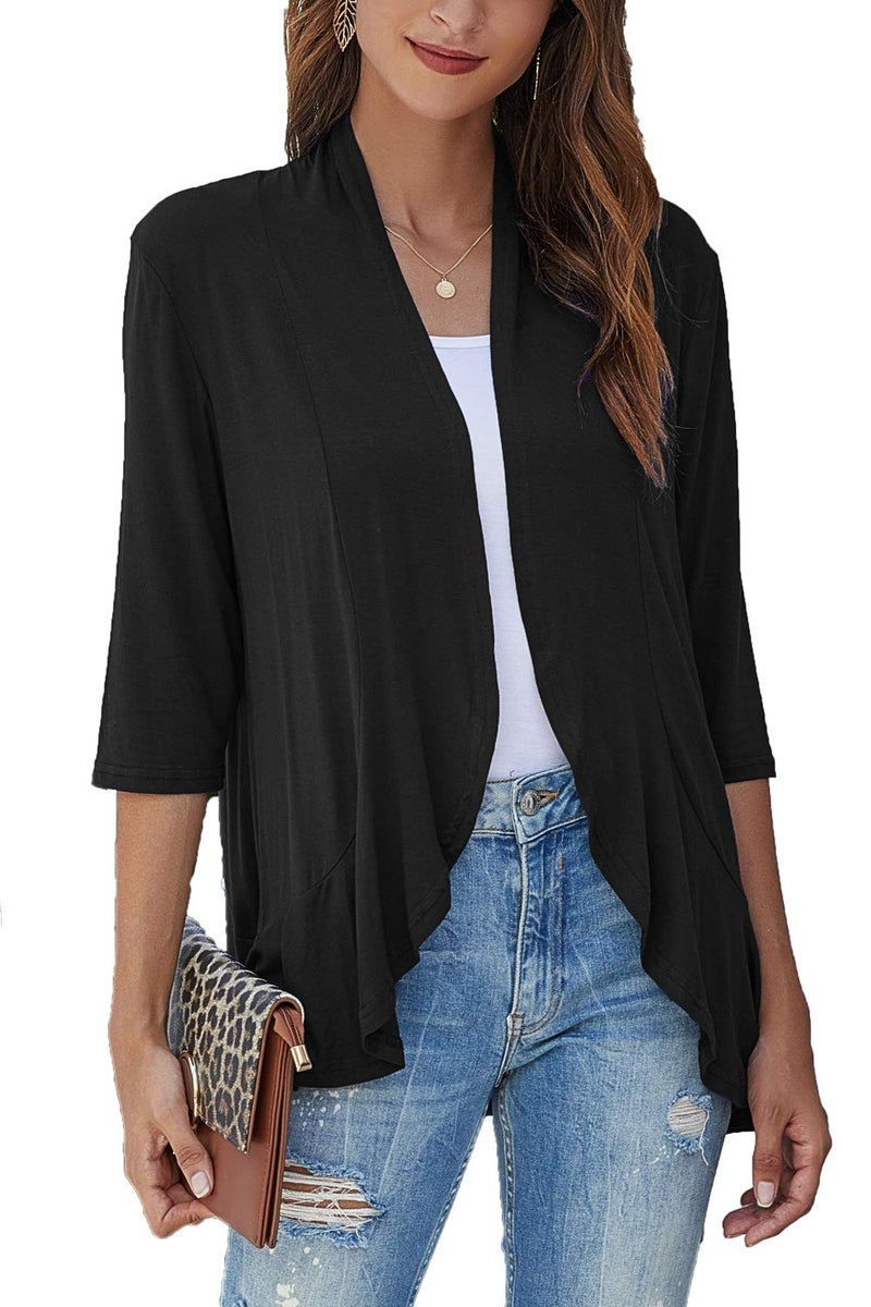 Bluetime Women Casual Lightweight Open Front Cardigans Soft Draped Ruffles 3/4 Sleeve Cardigan (XXL, Black) - Image 1